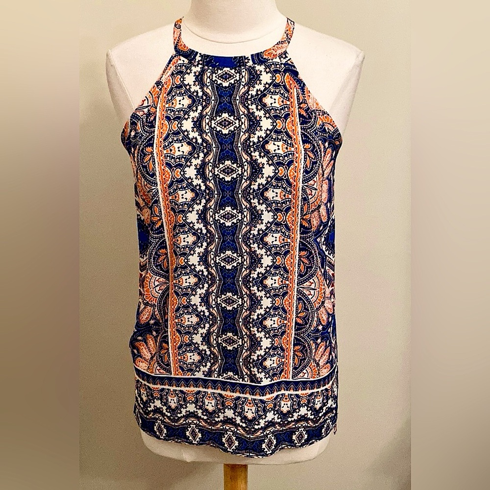 The Limited Blue Orange White Geometric Print XS 70s Vibe Retro Mod Halter Top